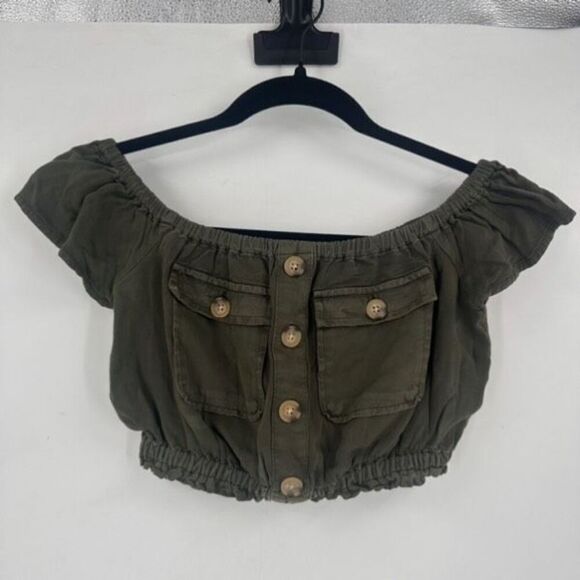 Aeropostale Buttoned Off-The-Shoulder Crop Top Military Style Olive Green XS - Picture 5 of 11